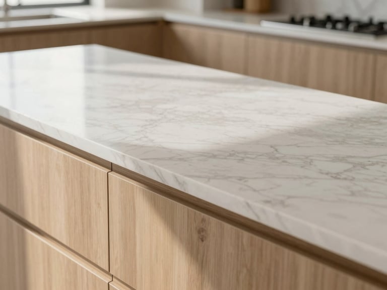 Close-up of a pristine, minimalist kitchen countertop made of honed marble, with warm wood accents and bright natural light. Focus on material junction.