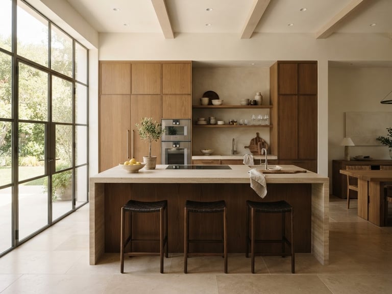 Wide shot of a minimalist luxury kitchen with warm wood cabinetry, stone countertops, and abundant natural light, architectural composition, soft shadows.