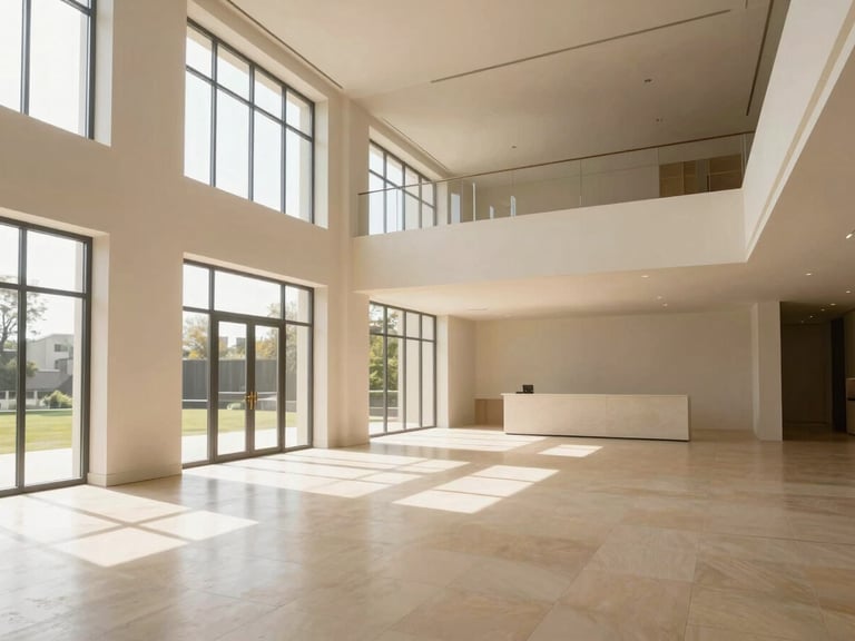 Wide angle view of a sun-drenched, empty luxury living room with high ceilings, large windows, and warm neutral tones. Architectural composition, generous white space.