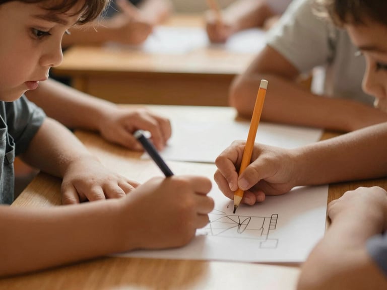 Close-up of a child's hands drawing or writing in a classroom, warm natural light, focus on activity.