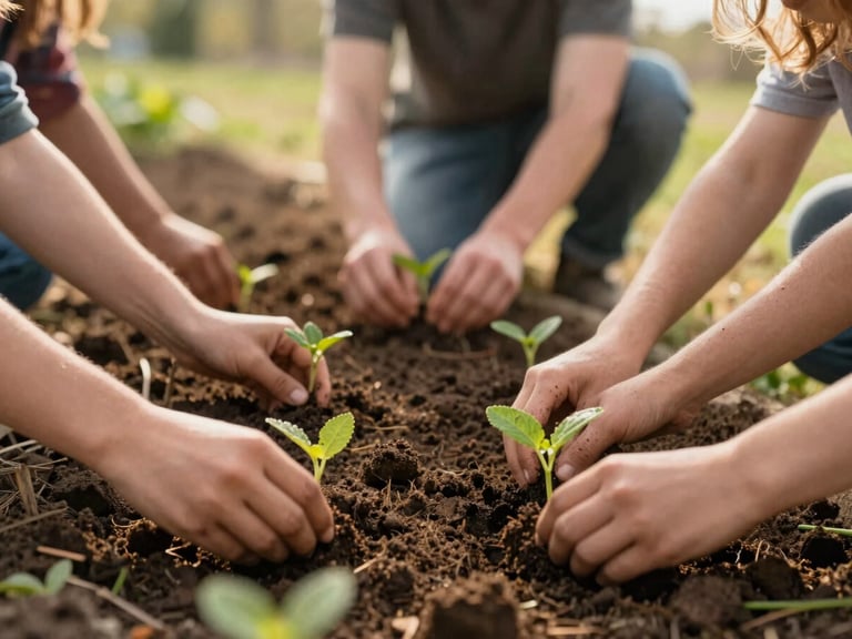 Community garden volunteers planting seedlings, focus on hands in soil, warm natural light, shallow depth of field.