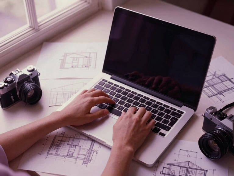 Overhead shot of hands typing on a sleek laptop, surrounded by architectural design sketches and a vintage camera, cinematic window light, soft shadows, muted blush and deep purple tones, 35mm film