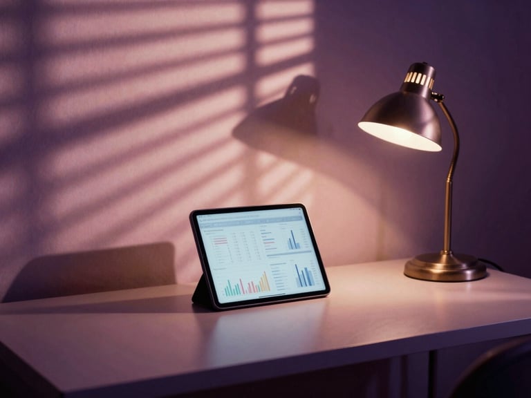 A sophisticated desk setup with a tablet displaying analytics, a vintage-style lamp, and abstract shadows of blinds creating patterns, cinematic window light, soft shadows, muted blush and deep purple tones, 35mm film