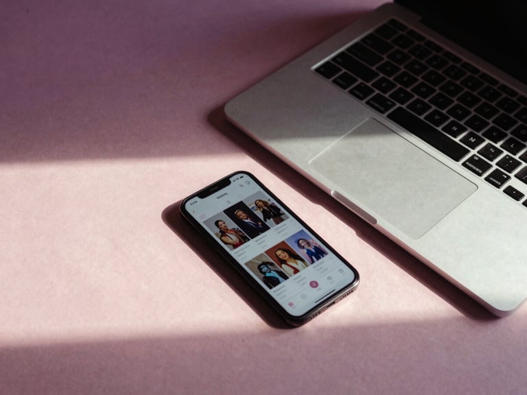 Elegant flat lay of vintage-inspired stationery, a sleek laptop, and a smartphone displaying social media feeds, cinematic window light, soft shadows, muted blush and deep purple tones, 35mm film