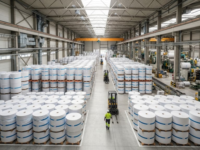 Wide-angle industrial paper manufacturing mill, massive paper rolls stacked in neat rows, bright neutral daylight, sharp focus, high-detail commercial trade.