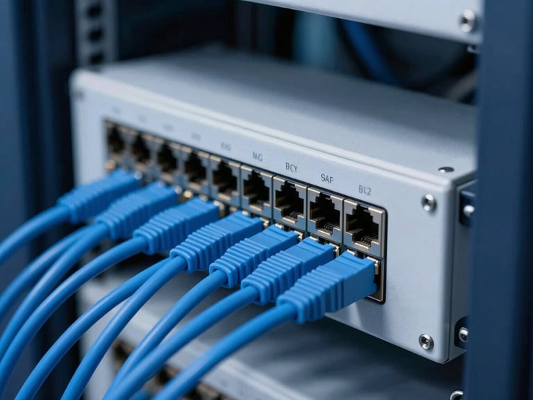Close-up of clean server rack cable management, patch panels with blue patch cords, sharp focus on RJ45 ports.
