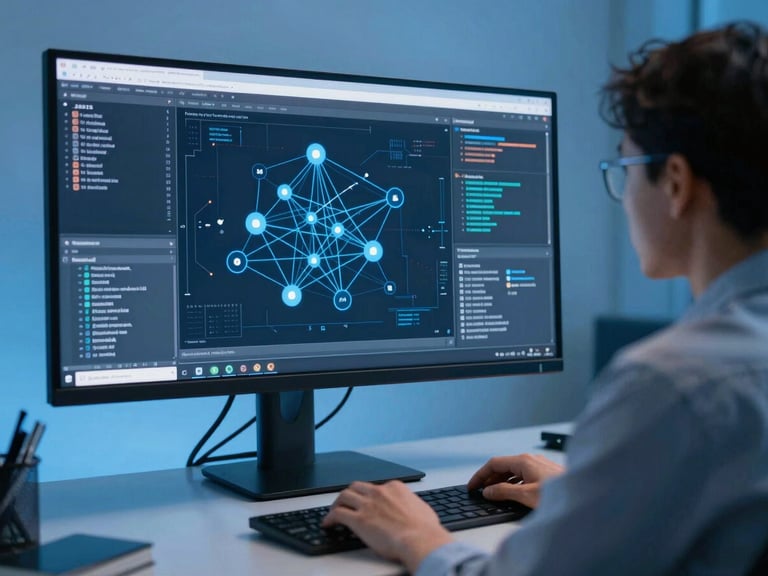 An IT engineer in Jakarta analyzing complex network topology diagrams on a large monitor, cool blue studio lighting.
