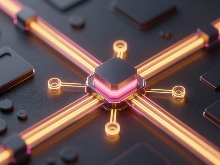 Abstract 3D render of complex data flows, glowing electric yellow light, dark terminal interface elements, macro close-up, octane render