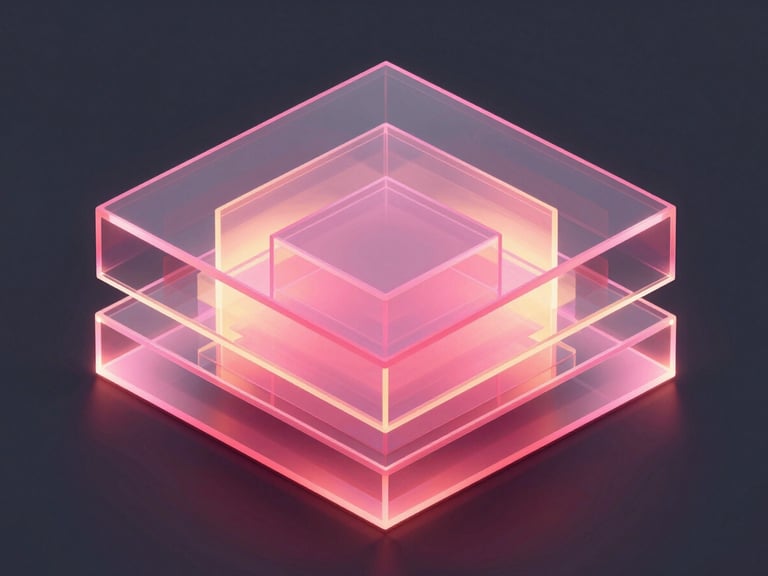 Abstract 3D render of glowing glassmorphic architectural layers, neon pink highlights, deep graphite shadows, isometric view, octane render