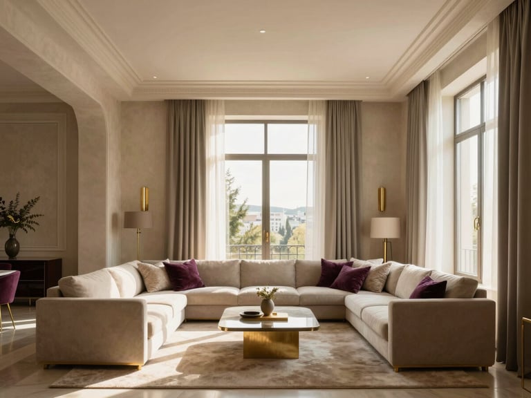 Straight-on architectural elevation of a sun-drenched Baku living room with high ceilings, soft beige plaster walls, and elegant brass details, warm afternoon light.