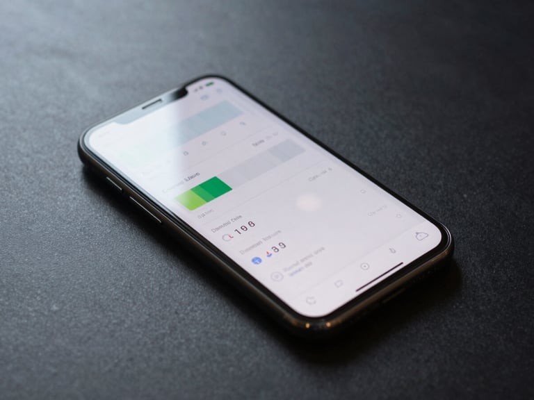 Macro top-down view of an Android phone resting on a clean, dark workspace, the screen showing a detailed system-level battery usage graph with flatlined background activity, soft morning window light.