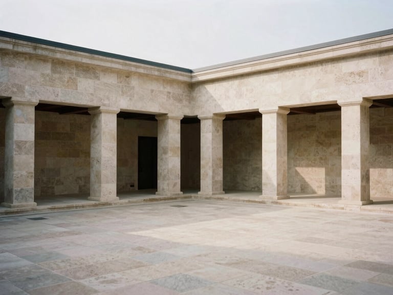Editorial architectural photography of a quiet, sunlit stone courtyard with clean geometric lines, soft overcast daylight, desaturated earth tones, medium format film.