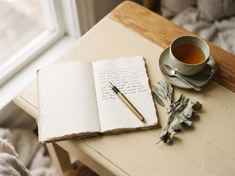 Stylized flat lay of a notebook, fountain pen, and a cup of tea on a warm cream desk, soft natural window light, muted sage accents, shallow depth of field, 35mm film style.