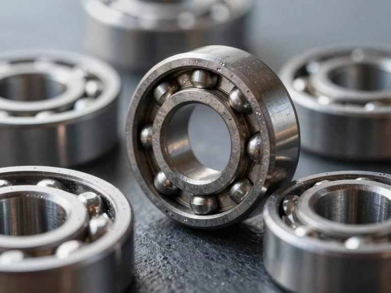 Sharp close-up macro shot of industrial steel bearings and metallic bolts, cool directional daylight, high-contrast reflections, sharp focus