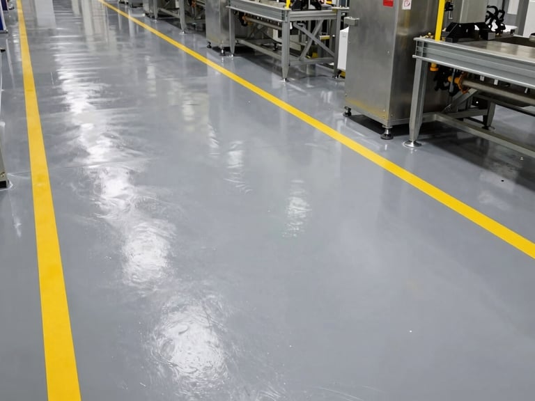 High-contrast shot of a clean, glossy gray epoxy floor in a production plant, bright yellow safety lane markings, sharp metallic reflections from machinery