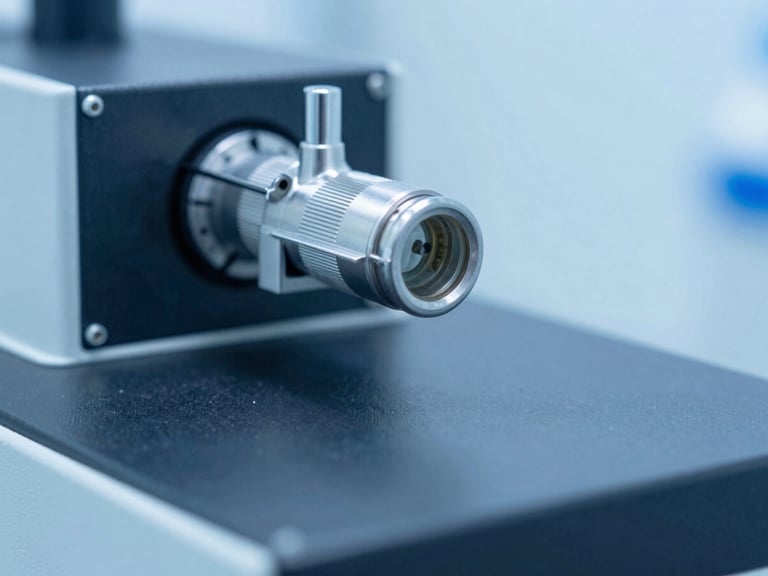 Macro photograph of clean-room pharmaceutical manufacturing equipment, crisp clinical photography, bright cool studio light, sterile blue and slate tones, sharp focus, macro depth of field