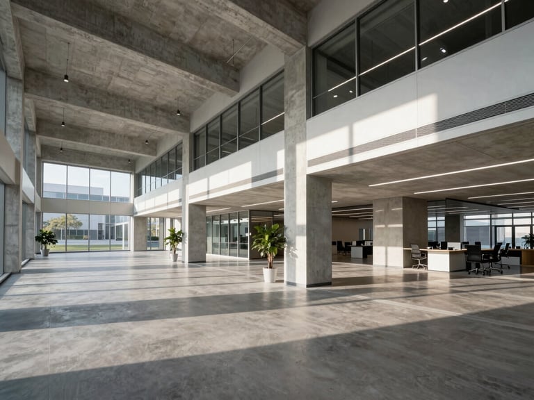 Wide-angle environmental shot of a newly completed, modern commercial office lobby, high-contrast architectural shadows, natural morning light, clean lines, exposed concrete and brushed steel, 35mm.