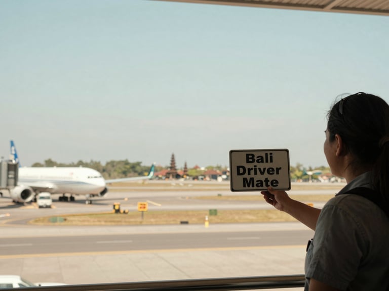 A driver holding a 'Bali Driver Mate' sign at an airport arrival gate, welcoming a guest, soft daylight, muted blue and sandy tones.