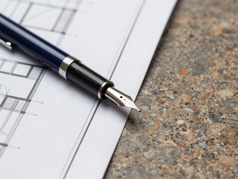 Macro photograph of architectural blueprints and a classic fountain pen resting on a travertine stone desk, natural overcast daylight, high contrast