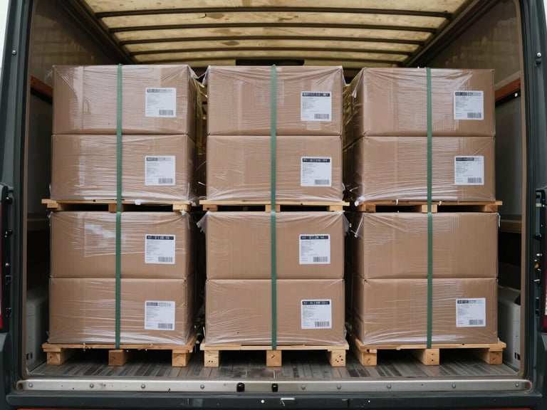 Wide medium shot inside a truck cargo bay showing sealed and labelled cartons stacked in organized rows, straps securing the load, overcast natural daylight through the open rear, no people visible — only the method
