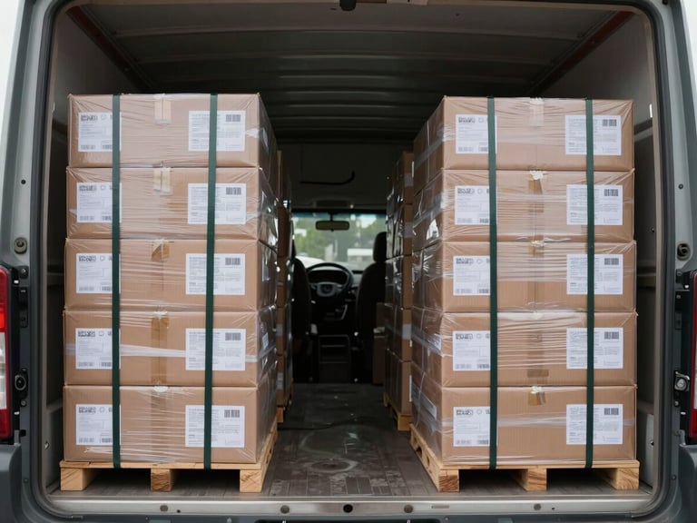 Wide shot inside a truck interior showing neatly stacked sealed cartons with printed labels, straps securing the load to the truck wall, overcast natural light from the open truck door, organized rows visible from front to back