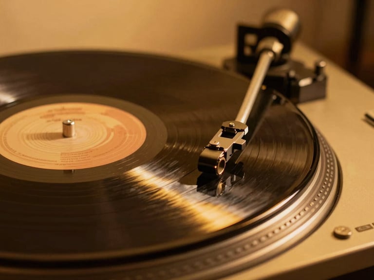 Close-up of a vintage vinyl record spinning on a turntable under warm amber studio lighting, soft golden reflections, shallow depth of field.