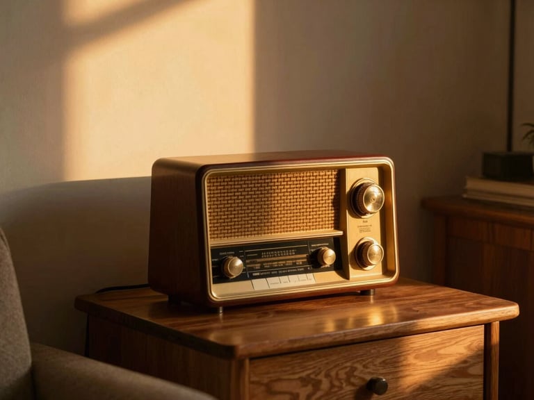 A cozy domestic living room corner at sunset, a vintage radio receiver glowing softly on a wooden table, warm light.