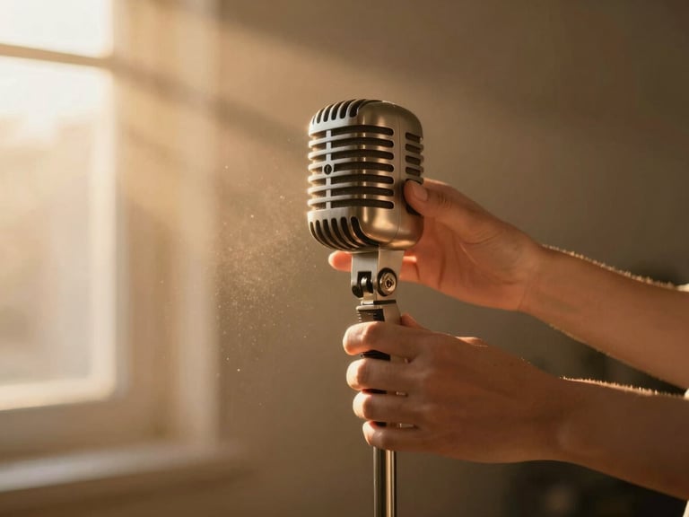 Hands carefully placing a vintage microphone on a stand, warm golden-hour light streaming from behind, dust particles visible.