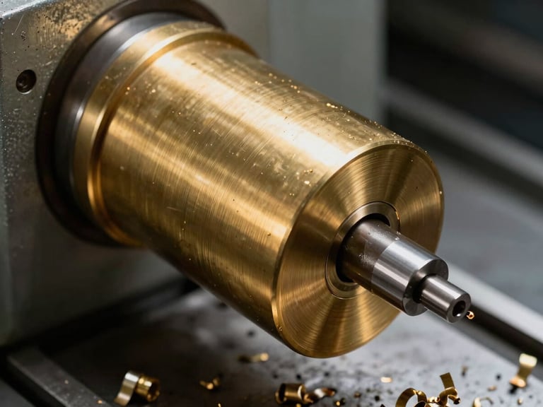Macro close-up of a raw, solid-brass monolithic cylinder being precision-milled on a CNC lathe, metal shavings curling away, sharp dramatic side-lighting.