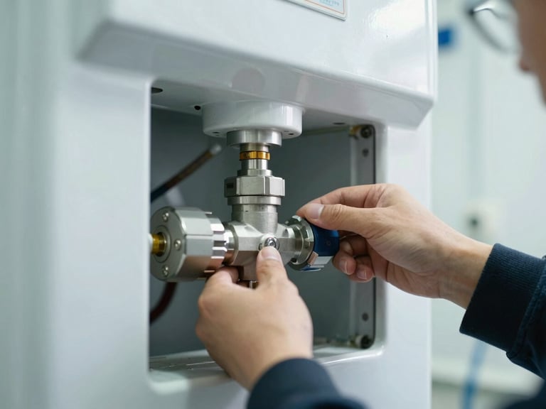 Close-up of hands adjusting a high-end HVAC valve inside a clean boiler room, sharp technical photography, crisp white lighting, architectural detail.