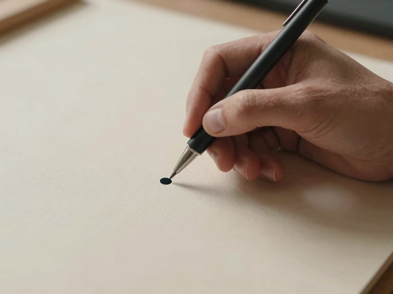 Artist's hand holding a fine-tipped pen, mid-placement of a single dot onto a pale ivory canvas, diffuse studio light, shallow depth of field with surrounding dot cluster softly blurred, warm ambient tone