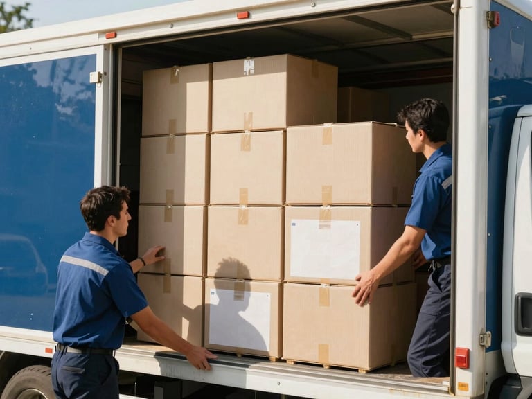 Clean, organized office boxes being carefully loaded onto a branded moving truck, professional movers in uniform, bright natural daylight, warm editorial photography.
