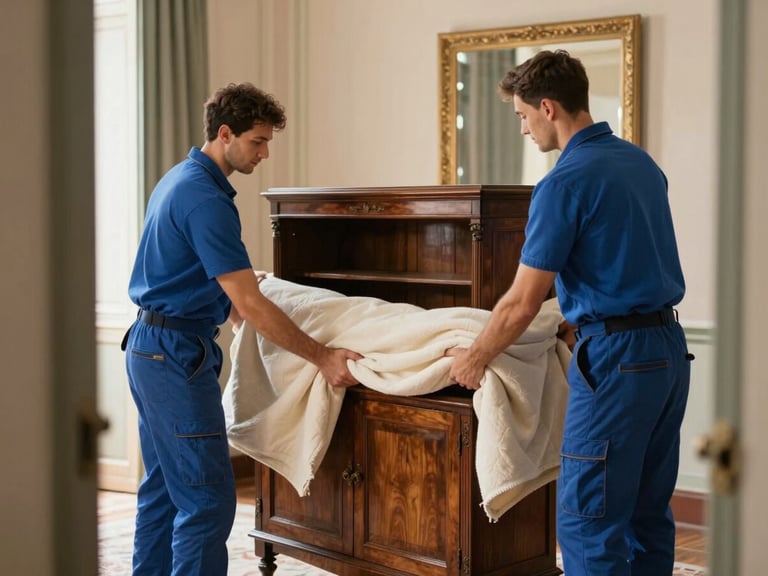 Professional movers carefully wrapping a vintage wooden cabinet with protective blankets in a sunlit historic Italian apartment, shallow depth of field, warm editorial photography.