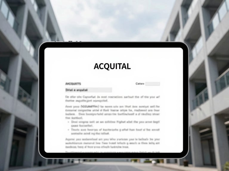 Digital acquittal document displayed on a tablet, sharp industrial photography, bright overcast daylight, high-contrast cool tones, crisp architectural framing, 35mm lens