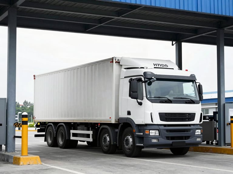 Commercial shipping truck at a border checkpoint, sharp industrial photography, bright overcast daylight, high-contrast cool tones, crisp architectural framing, 35mm lens