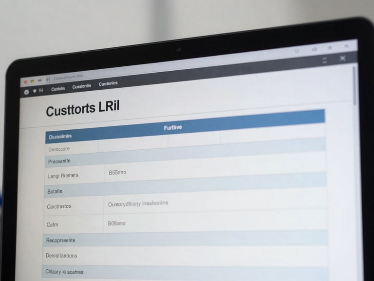 Close-up of digital customs documentation on a screen, sharp industrial photography, bright overcast daylight, high-contrast cool tones, crisp architectural framing, 35mm lens