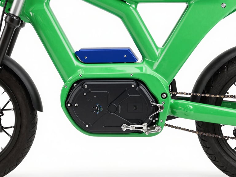 A clean technical diagram of an electric motorcycle drivetrain showcasing the removable battery pack, high-contrast studio lighting.