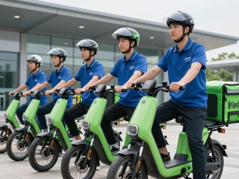 A group of professional delivery riders wearing helmets, standing proudly beside their electric bikes outside a modern transit hub in daylight.