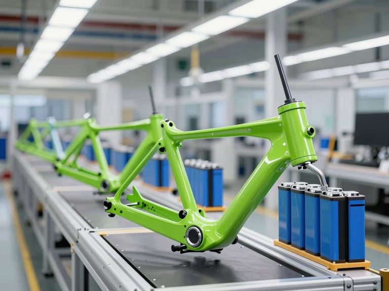 Inside a clean, modern vehicle assembly plant with bright overhead lighting, focusing on electric motorcycle frames and lithium battery packs on the line.