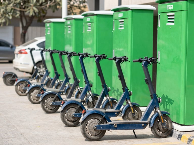 A wide-angle shot of electric bikes lined up at a modern, bright green battery swapping kiosk in Lahore, daytime, crisp focus.