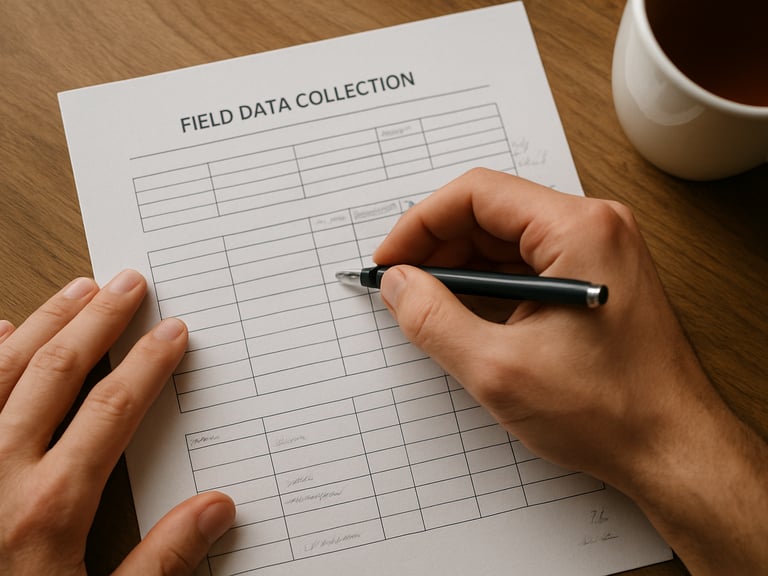 Close-up overhead shot of hands marking a printed field data collection form with a pen, natural daylight from a nearby window, a cup of tea partially visible at the frame edge, handwritten annotations in the margins, paper texture sharp and clear