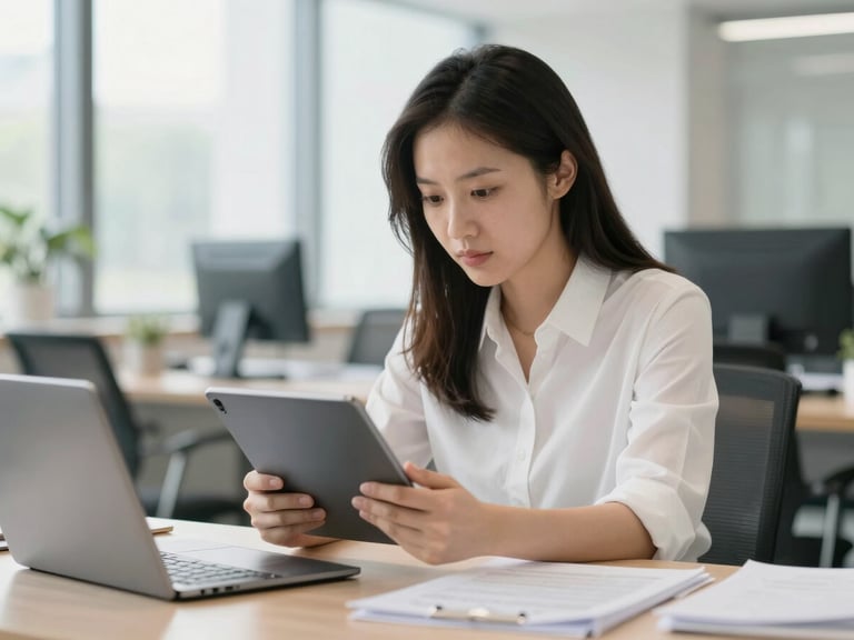 A focused professional in a bright, modern workspace, analyzing academic materials on a tablet, soft natural daylight, shallow depth of field, 35mm editorial photography