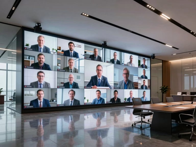 Architectural wide angle of a modern corporate boardroom with floor-to-ceiling LED videowall active, video conferencing cameras mounted above screen, ambient recessed lighting, conference table reflected in polished floor, no people, premium and precise