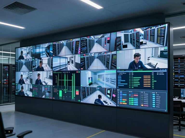 Wide shot of a data center operations room, large videowall displaying multiple live camera feeds and infrastructure dashboards, cool blue-tinted overhead lighting, rows of server racks visible through glass partition in background, no people, operational scale