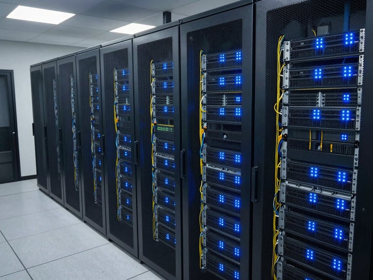 Close overhead shot of a corporate campus server room, dense rack-mounted equipment with blue indicator LEDs, structured cabling in organized runs, cool white overhead lighting, no people, technically precise and operational
