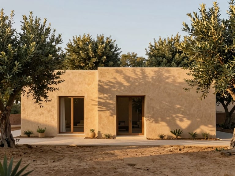 Rammed earth modern villa in Portugal surrounded by olive trees, golden hour warm sun-drenched facade, 35mm photography