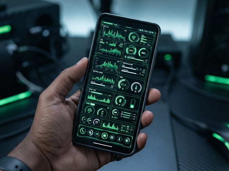 Sleek tech photography, cool studio lighting with electric green accents, sharp focus on a physical Android device screen displaying a high-performance system dashboard, 50mm