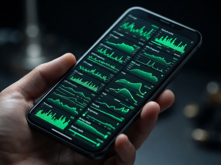 Sleek close-up macro shot of a physical Android flagship device displaying a dark-mode system dashboard with vibrant green telemetry charts, cool studio lighting, sharp focus on glass screen, 50mm