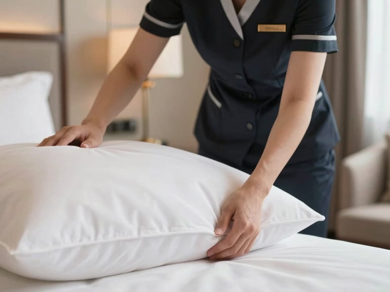 Macro shot of a professional housekeeper in a clean, minimalist dark uniform adjusting crisp white pillows in a bright luxury hotel room