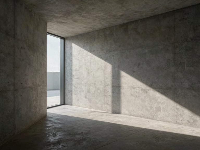 An extreme wide-angle shot of a minimalist concrete corridor with sharp shadows cast by high window openings.